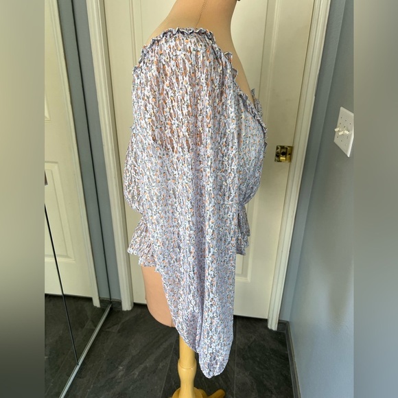 Lulus Lavender Floral Lace Balloon Sleeve Faux Wrap Peplum Top - Picture 4 of 8